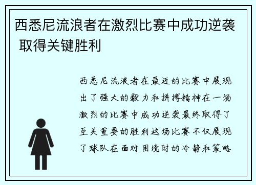 西悉尼流浪者在激烈比赛中成功逆袭 取得关键胜利