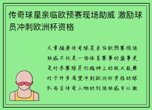 传奇球星亲临欧预赛现场助威 激励球员冲刺欧洲杯资格