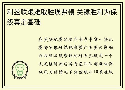 利兹联艰难取胜埃弗顿 关键胜利为保级奠定基础