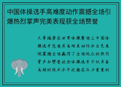 中国体操选手高难度动作震撼全场引爆热烈掌声完美表现获全场赞誉