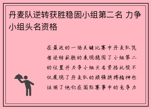 丹麦队逆转获胜稳固小组第二名 力争小组头名资格