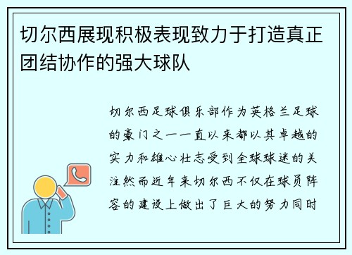 切尔西展现积极表现致力于打造真正团结协作的强大球队